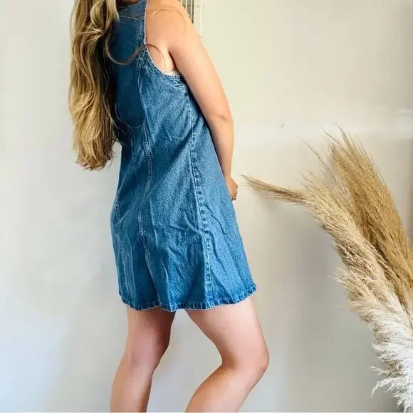 NEW ABERCROMBIE Medium Blue Wash Denim A-Line Mini Tank Top Jean Dress XL - Picture 3 of 16